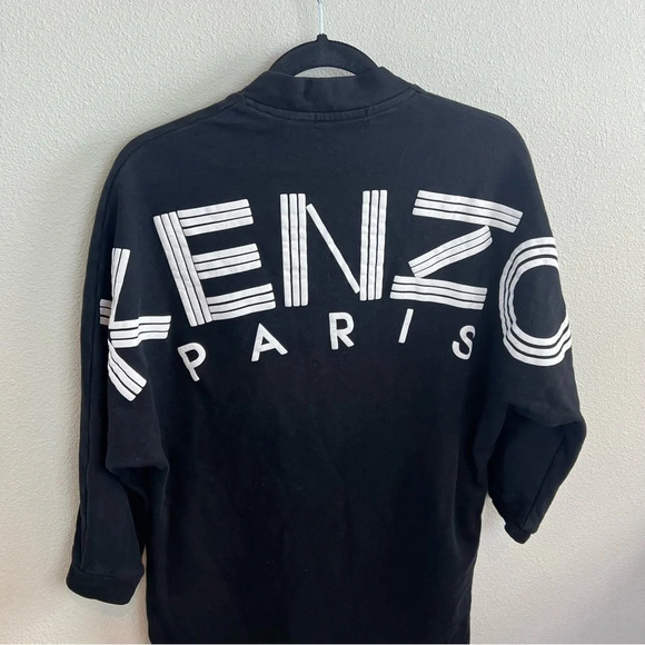 KENZO Sport Sweater Terry Cloth Sweatshirt Dress Black Logo Back V-Neck Small - Picture 14 of 14